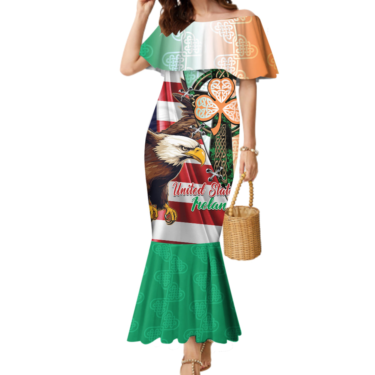 United States And Ireland Family Matching Mermaid Dress and Hawaiian Shirt USA Eagle With Irish Celtic Cross - Wonder Print Shop