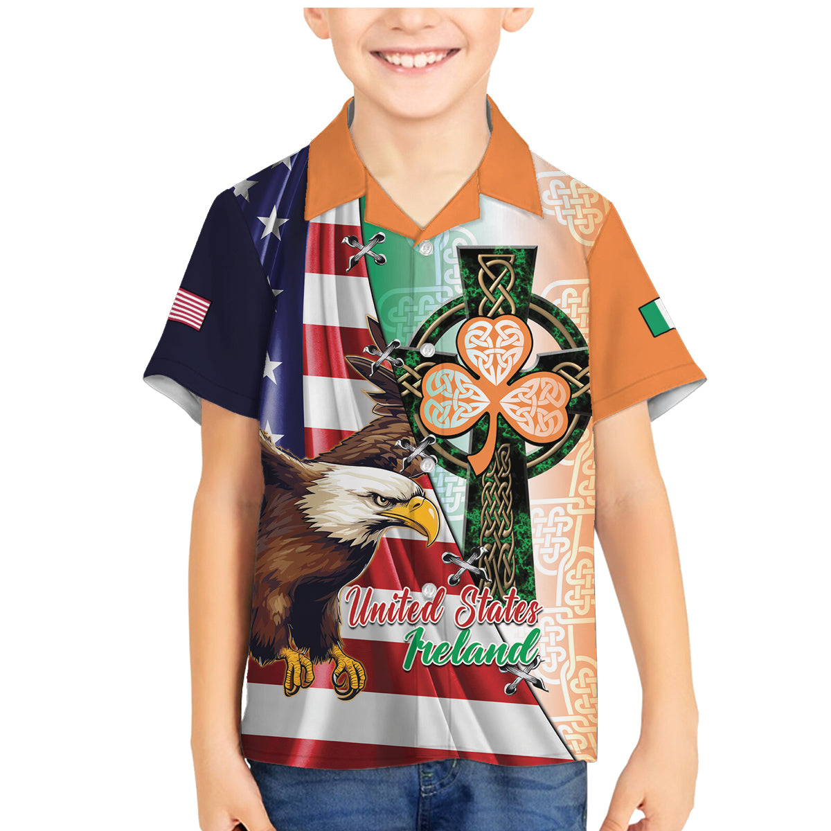 United States And Ireland Family Matching Mermaid Dress and Hawaiian Shirt USA Eagle With Irish Celtic Cross - Wonder Print Shop