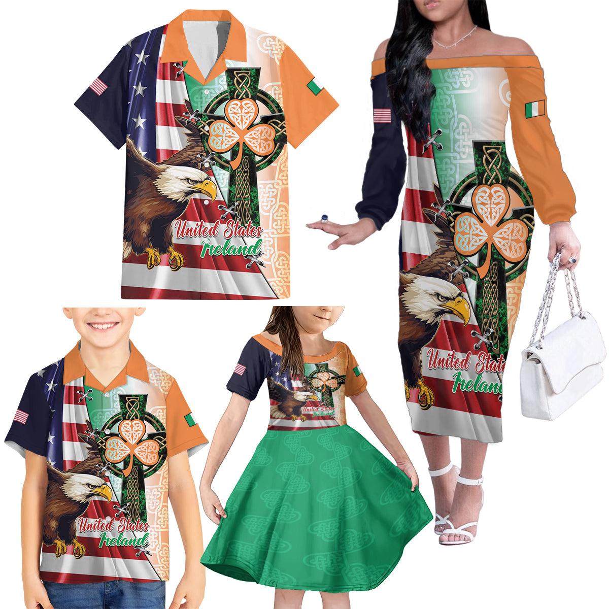 United States And Ireland Family Matching Off The Shoulder Long Sleeve Dress and Hawaiian Shirt USA Eagle With Irish Celtic Cross - Wonder Print Shop
