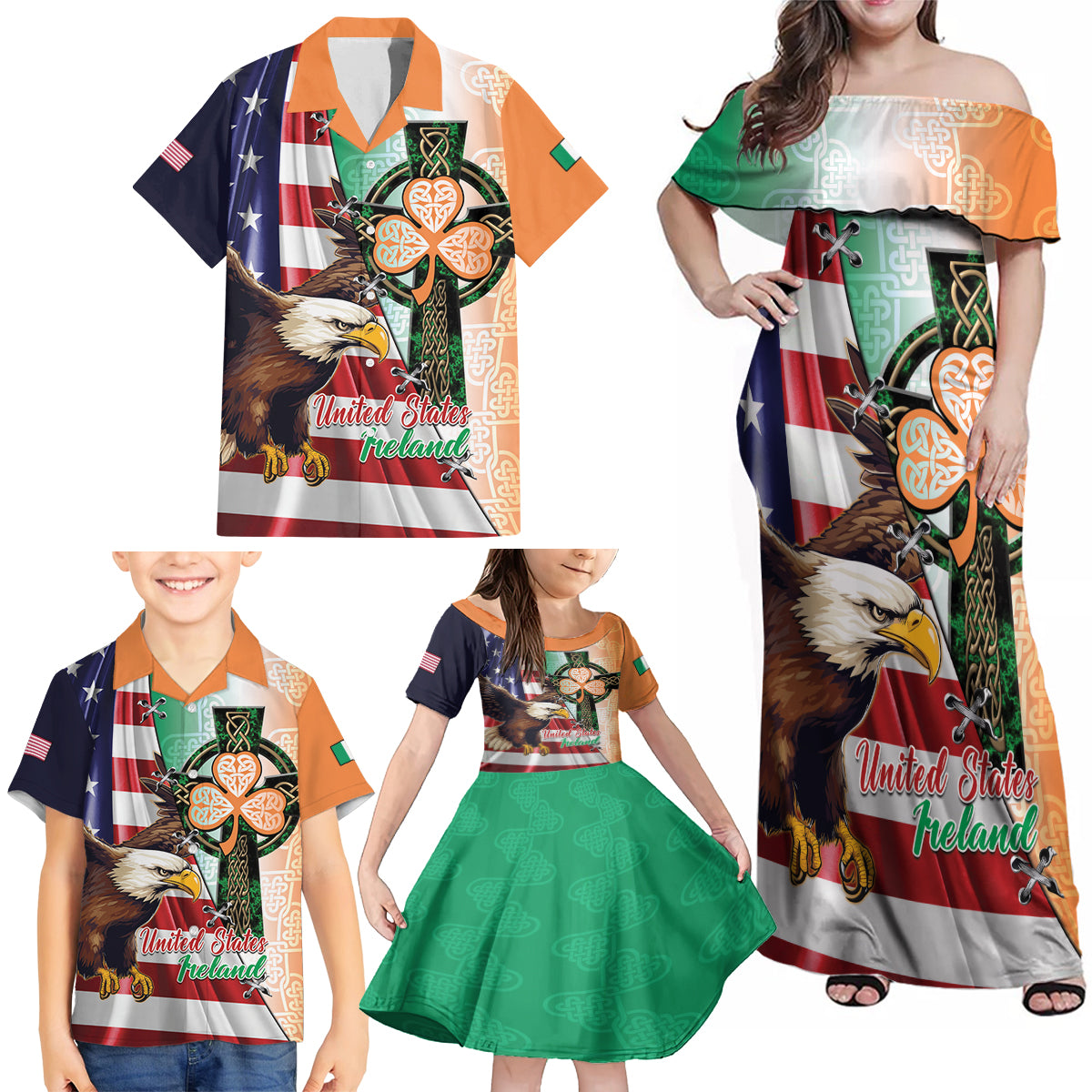 United States And Ireland Family Matching Off Shoulder Maxi Dress and Hawaiian Shirt USA Eagle With Irish Celtic Cross - Wonder Print Shop