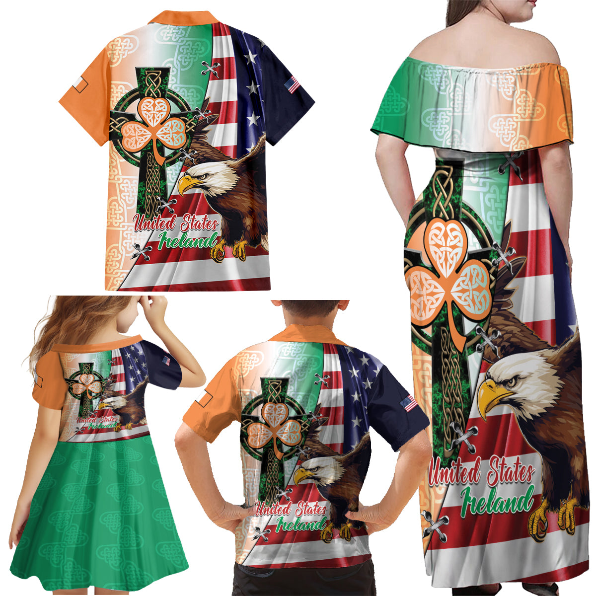 United States And Ireland Family Matching Off Shoulder Maxi Dress and Hawaiian Shirt USA Eagle With Irish Celtic Cross - Wonder Print Shop