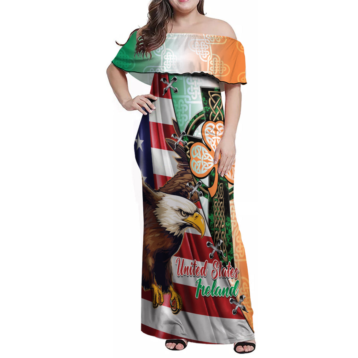 United States And Ireland Family Matching Off Shoulder Maxi Dress and Hawaiian Shirt USA Eagle With Irish Celtic Cross - Wonder Print Shop