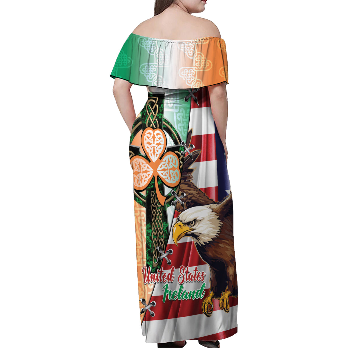 United States And Ireland Family Matching Off Shoulder Maxi Dress and Hawaiian Shirt USA Eagle With Irish Celtic Cross - Wonder Print Shop