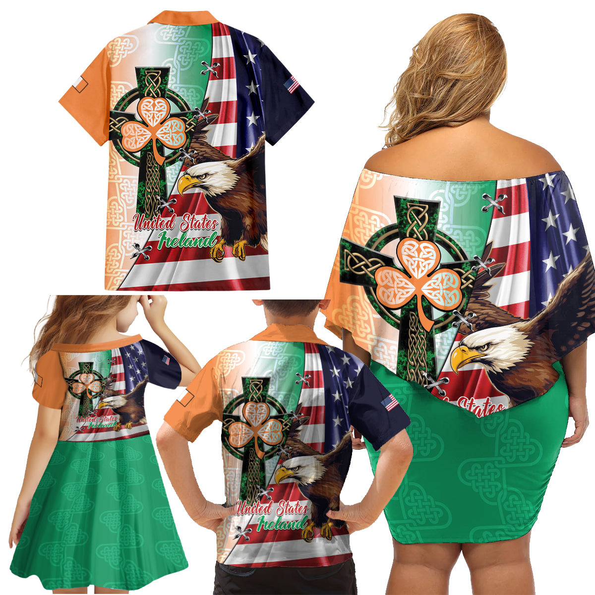 United States And Ireland Family Matching Off Shoulder Short Dress and Hawaiian Shirt USA Eagle With Irish Celtic Cross - Wonder Print Shop