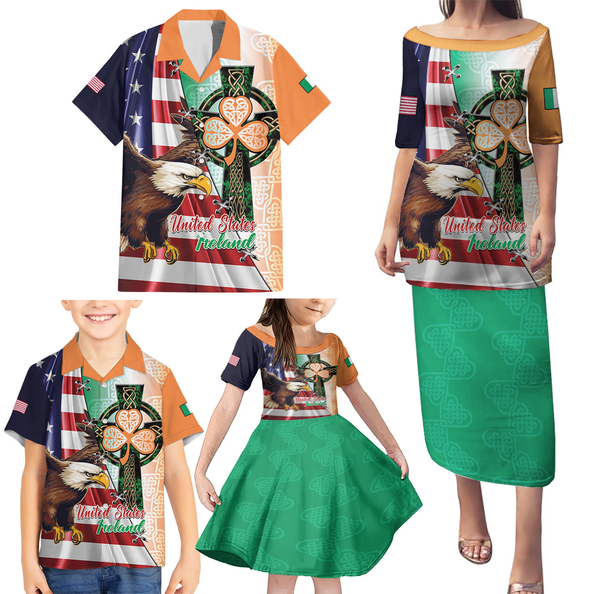 United States And Ireland Family Matching Puletasi and Hawaiian Shirt USA Eagle With Irish Celtic Cross - Wonder Print Shop