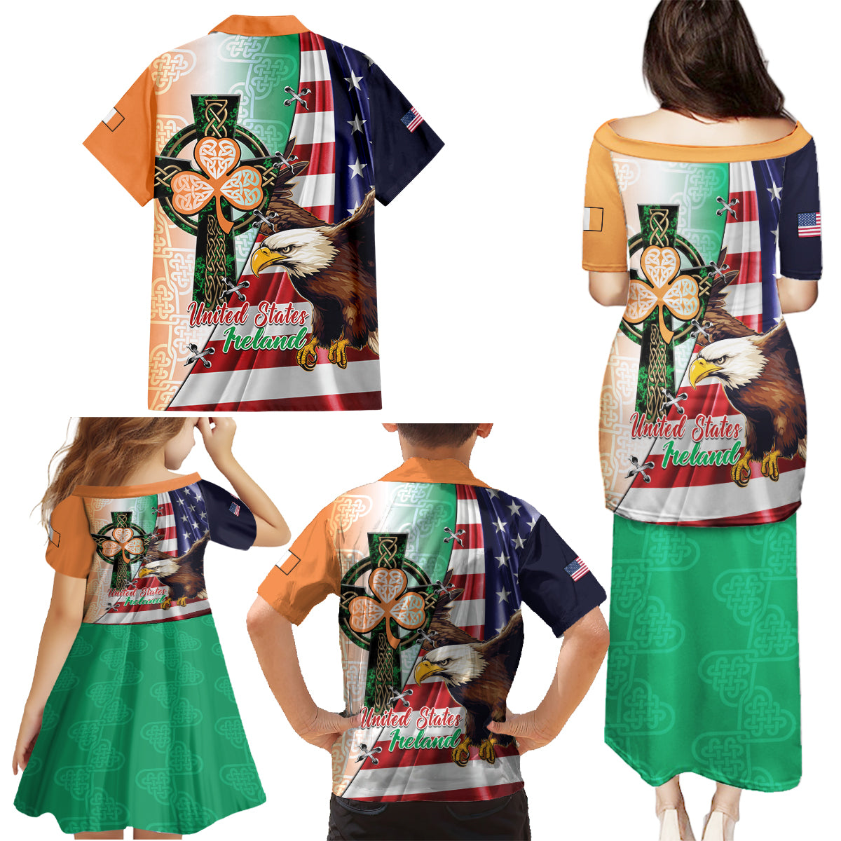 United States And Ireland Family Matching Puletasi and Hawaiian Shirt USA Eagle With Irish Celtic Cross - Wonder Print Shop