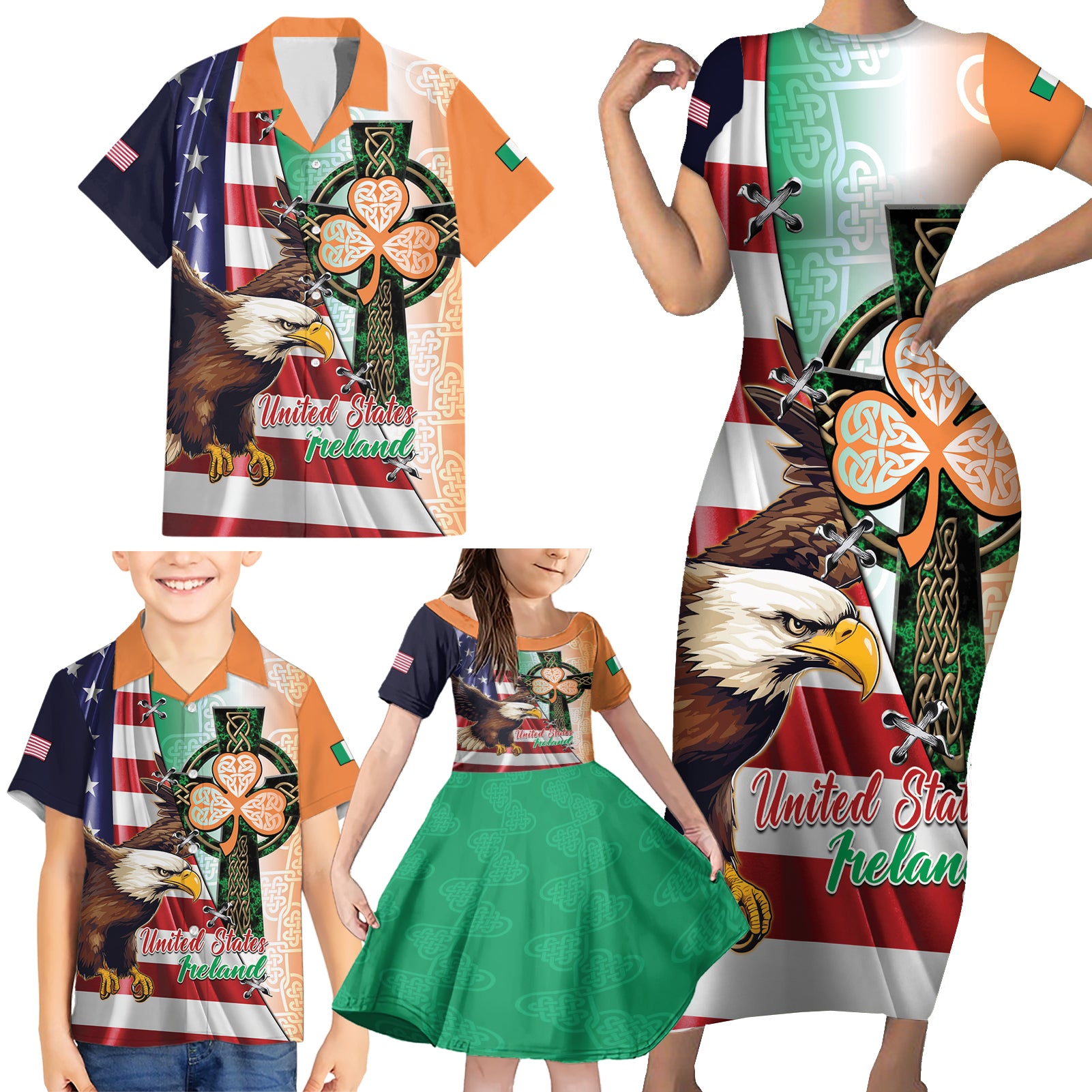 United States And Ireland Family Matching Short Sleeve Bodycon Dress and Hawaiian Shirt USA Eagle With Irish Celtic Cross - Wonder Print Shop