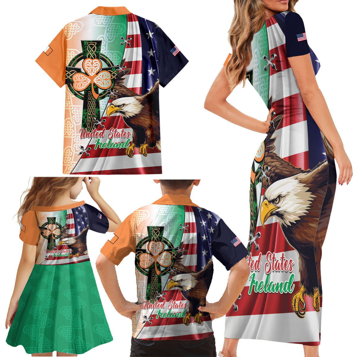 United States And Ireland Family Matching Short Sleeve Bodycon Dress and Hawaiian Shirt USA Eagle With Irish Celtic Cross - Wonder Print Shop