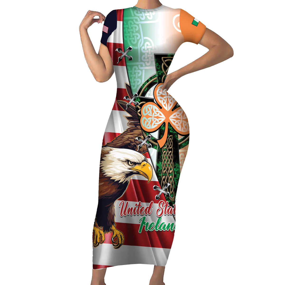 United States And Ireland Family Matching Short Sleeve Bodycon Dress and Hawaiian Shirt USA Eagle With Irish Celtic Cross - Wonder Print Shop