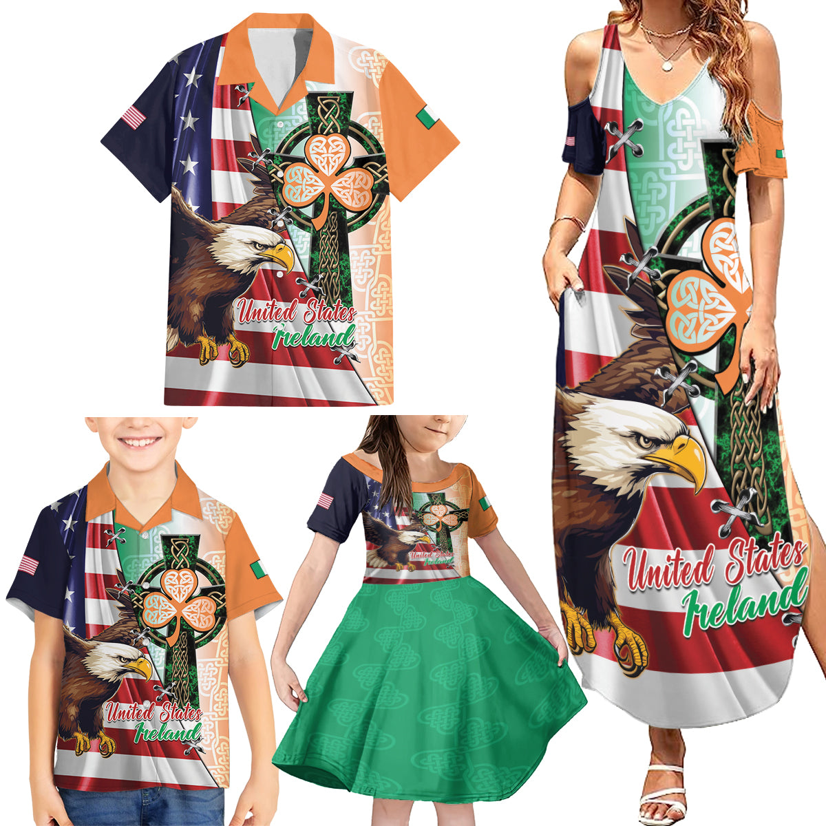 United States And Ireland Family Matching Summer Maxi Dress and Hawaiian Shirt USA Eagle With Irish Celtic Cross - Wonder Print Shop