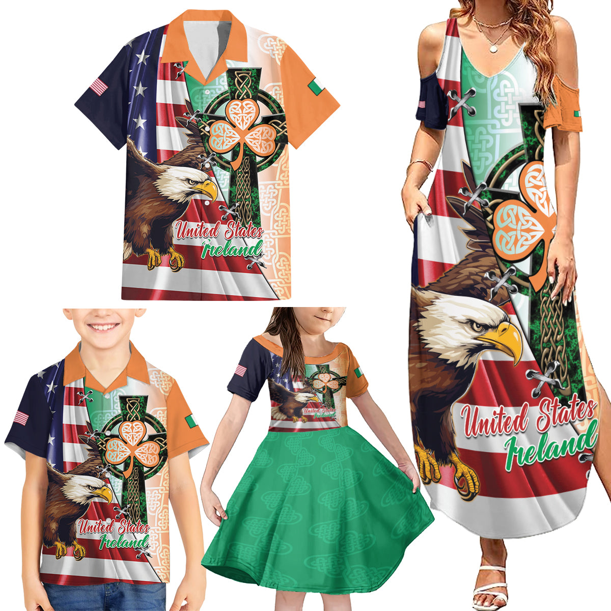 United States And Ireland Family Matching Summer Maxi Dress and Hawaiian Shirt USA Eagle With Irish Celtic Cross