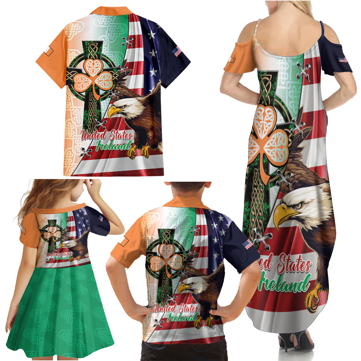 United States And Ireland Family Matching Summer Maxi Dress and Hawaiian Shirt USA Eagle With Irish Celtic Cross - Wonder Print Shop
