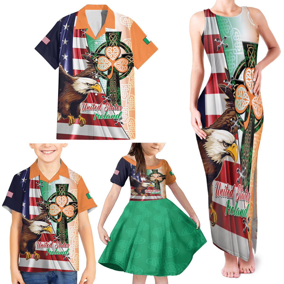 United States And Ireland Family Matching Tank Maxi Dress and Hawaiian Shirt USA Eagle With Irish Celtic Cross
