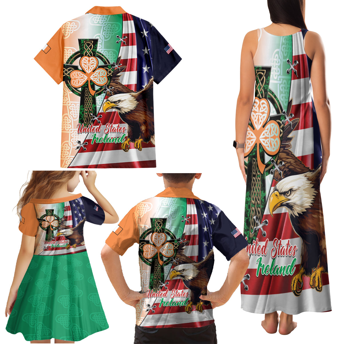 United States And Ireland Family Matching Tank Maxi Dress and Hawaiian Shirt USA Eagle With Irish Celtic Cross - Wonder Print Shop
