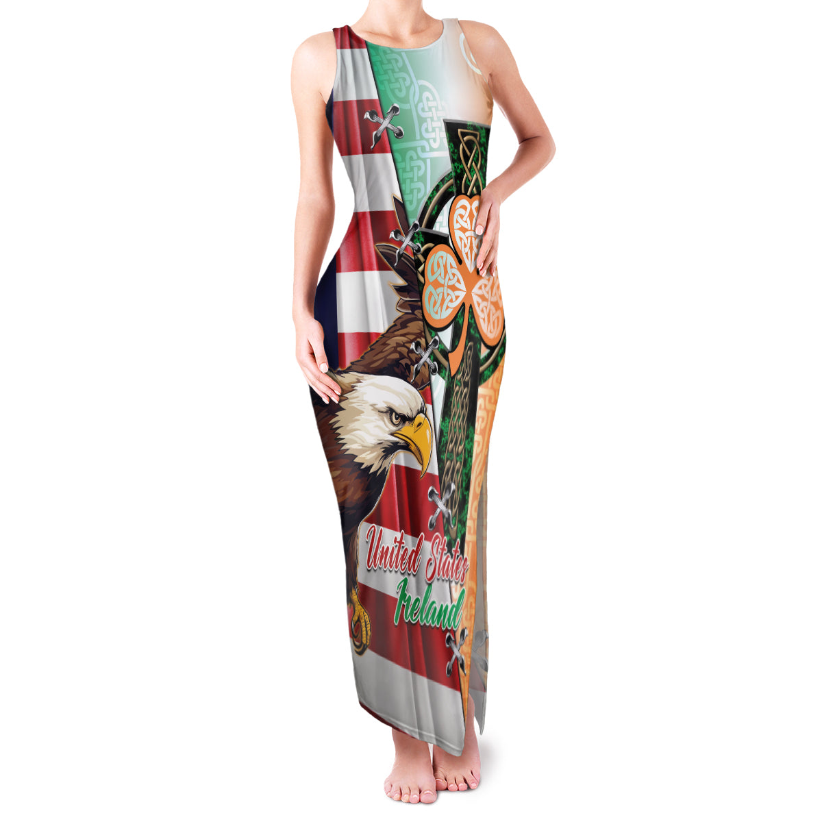 United States And Ireland Family Matching Tank Maxi Dress and Hawaiian Shirt USA Eagle With Irish Celtic Cross - Wonder Print Shop