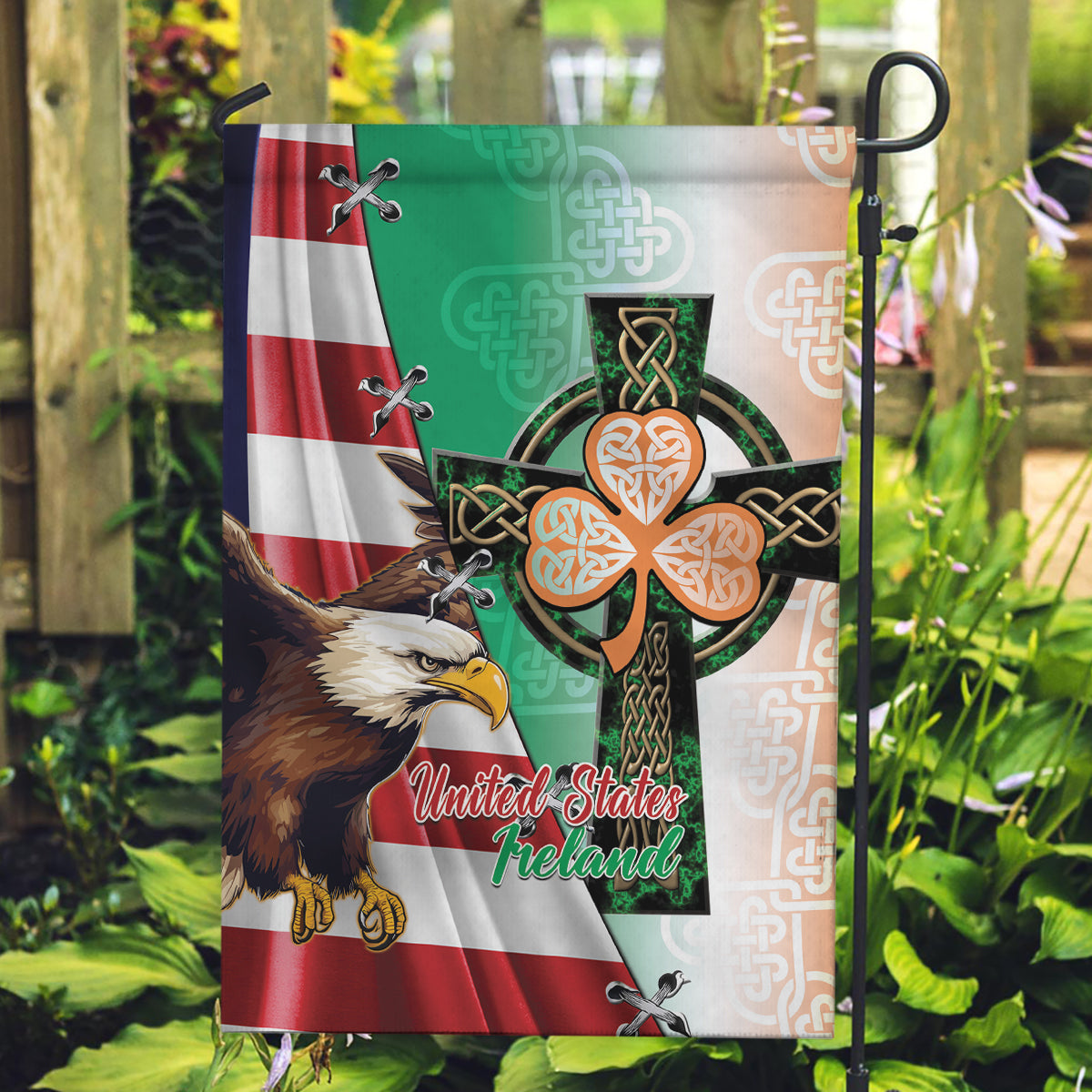 United States And Ireland Garden Flag USA Eagle With Irish Celtic Cross