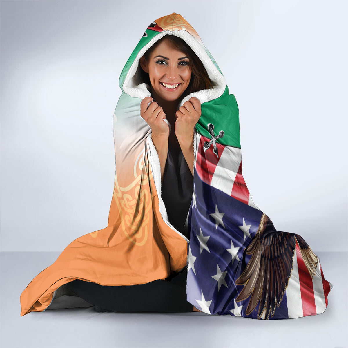 United States And Ireland Hooded Blanket USA Eagle With Irish Celtic Cross