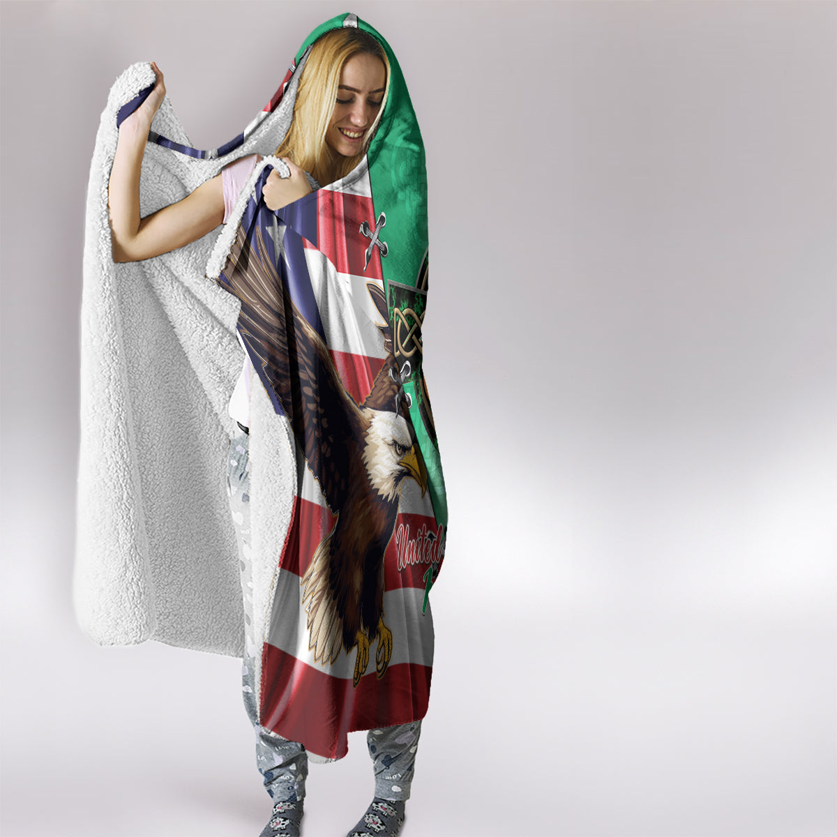 United States And Ireland Hooded Blanket USA Eagle With Irish Celtic Cross