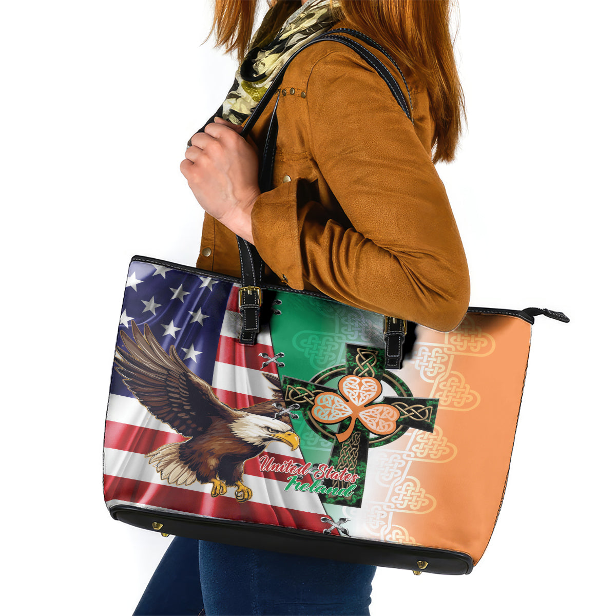 United States And Ireland Leather Tote Bag USA Eagle With Irish Celtic Cross