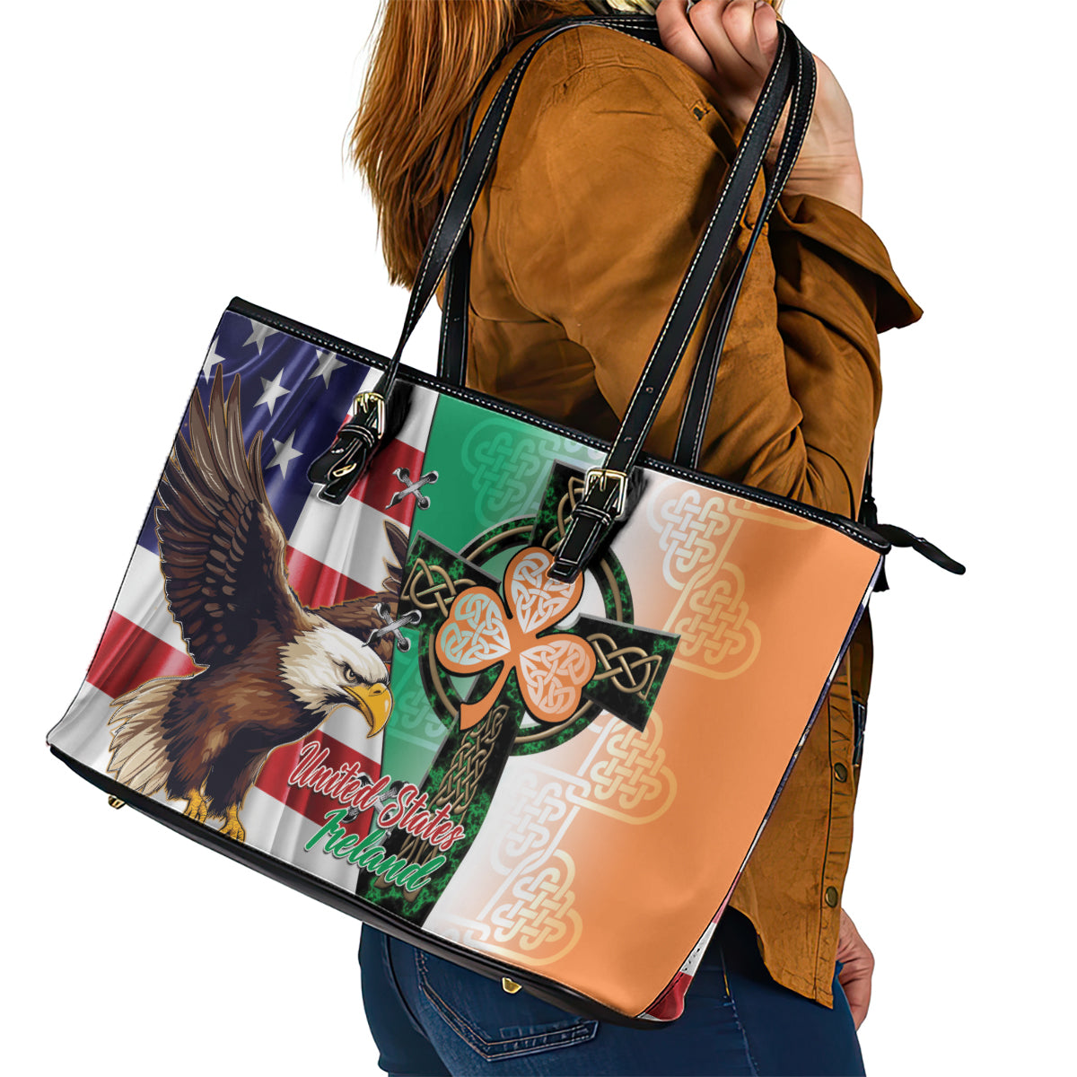 United States And Ireland Leather Tote Bag USA Eagle With Irish Celtic Cross - Wonder Print Shop