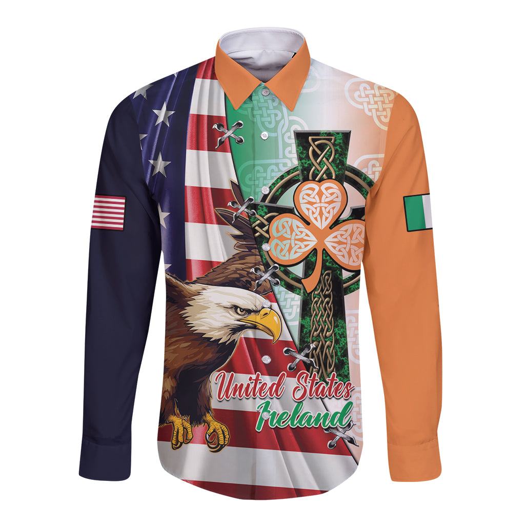 United States And Ireland Long Sleeve Button Shirt USA Eagle With Irish Celtic Cross - Wonder Print Shop