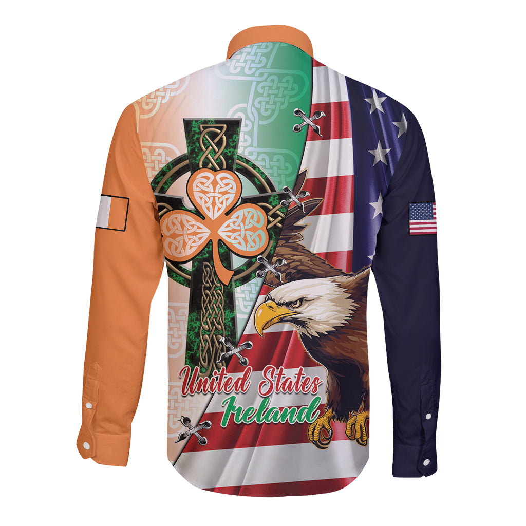 United States And Ireland Long Sleeve Button Shirt USA Eagle With Irish Celtic Cross - Wonder Print Shop