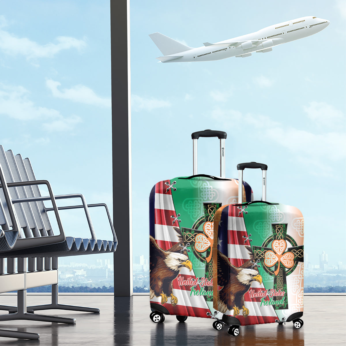 United States And Ireland Luggage Cover USA Eagle With Irish Celtic Cross - Wonder Print Shop