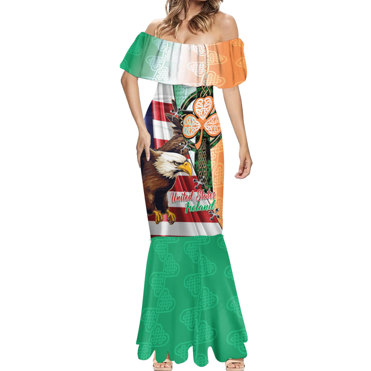 United States And Ireland Mermaid Dress USA Eagle With Irish Celtic Cross - Wonder Print Shop