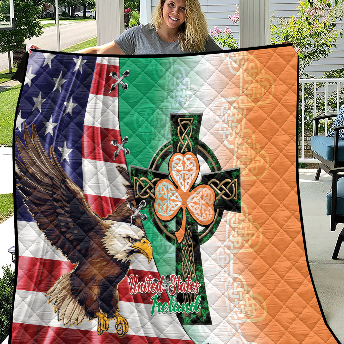 United States And Ireland Quilt USA Eagle With Irish Celtic Cross