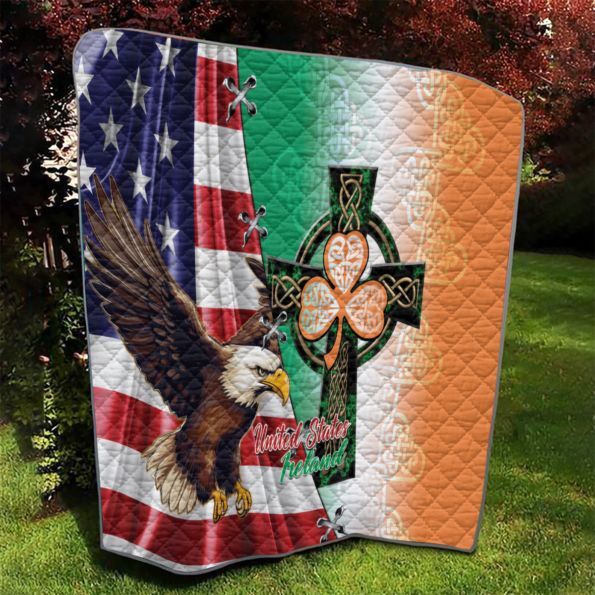 United States And Ireland Quilt USA Eagle With Irish Celtic Cross - Wonder Print Shop