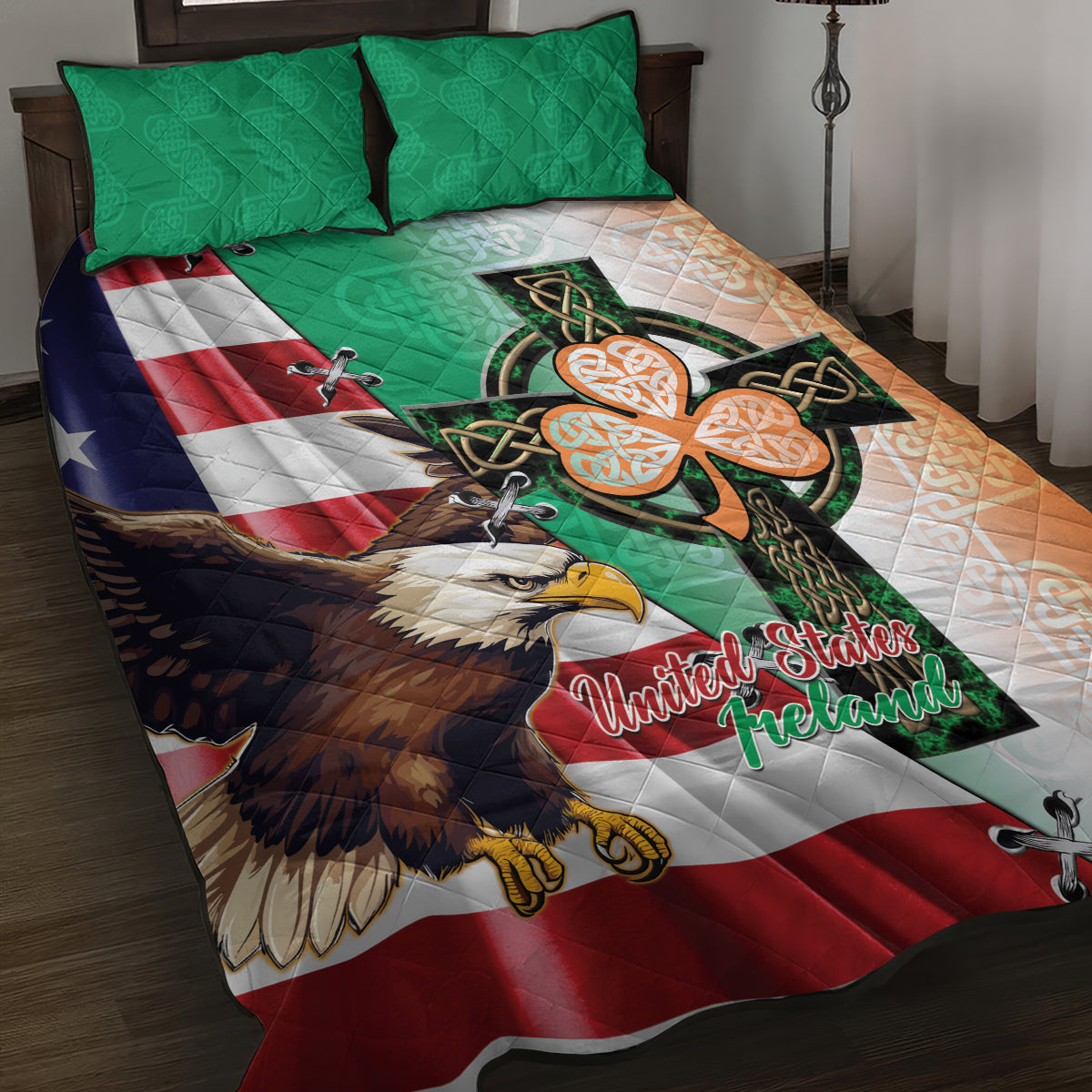 United States And Ireland Quilt Bed Set USA Eagle With Irish Celtic Cross