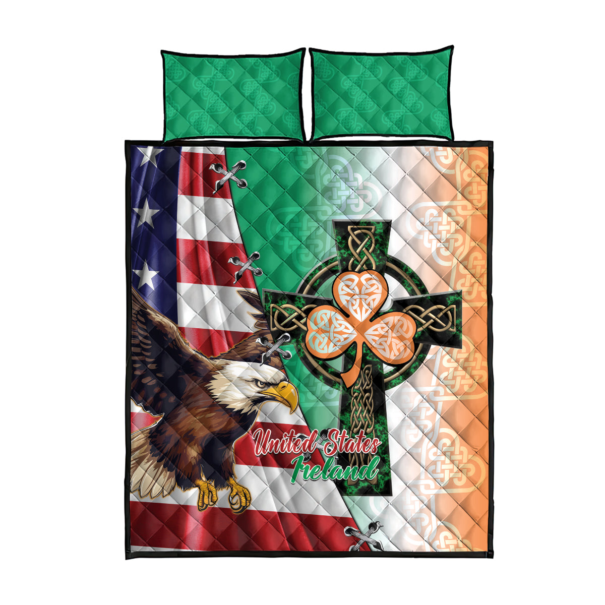 United States And Ireland Quilt Bed Set USA Eagle With Irish Celtic Cross - Wonder Print Shop