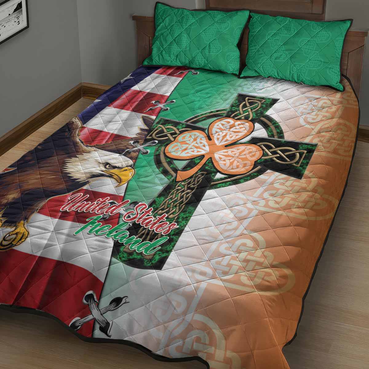 United States And Ireland Quilt Bed Set USA Eagle With Irish Celtic Cross - Wonder Print Shop