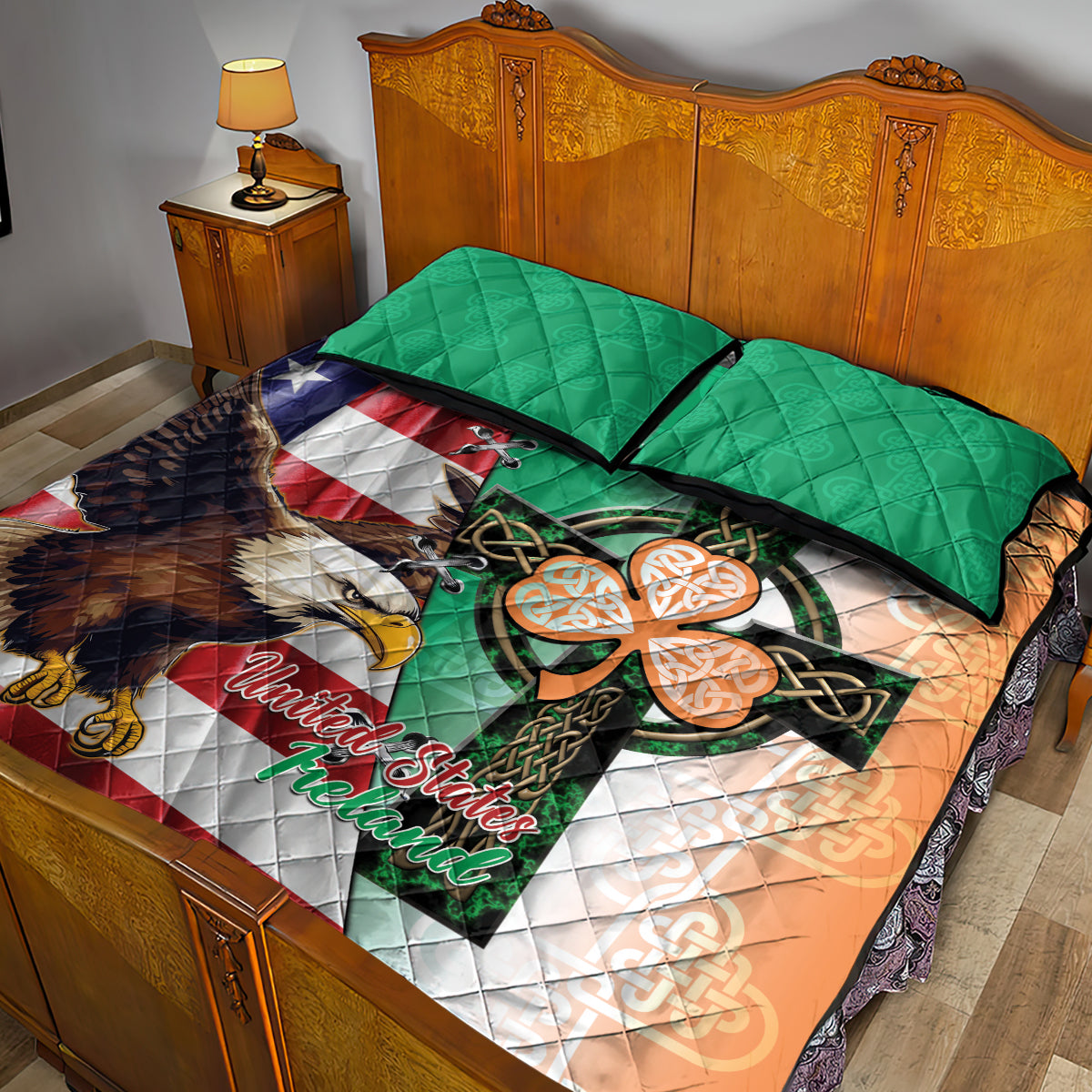 United States And Ireland Quilt Bed Set USA Eagle With Irish Celtic Cross - Wonder Print Shop