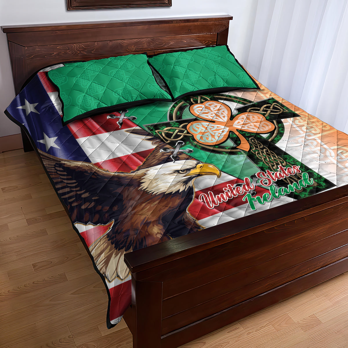 United States And Ireland Quilt Bed Set USA Eagle With Irish Celtic Cross - Wonder Print Shop