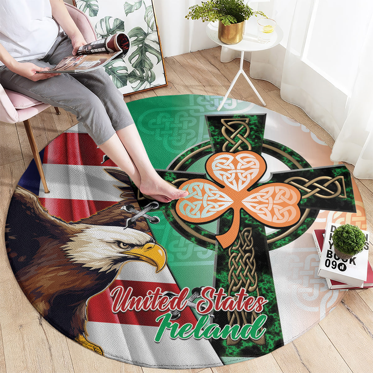 United States And Ireland Round Carpet USA Eagle With Irish Celtic Cross