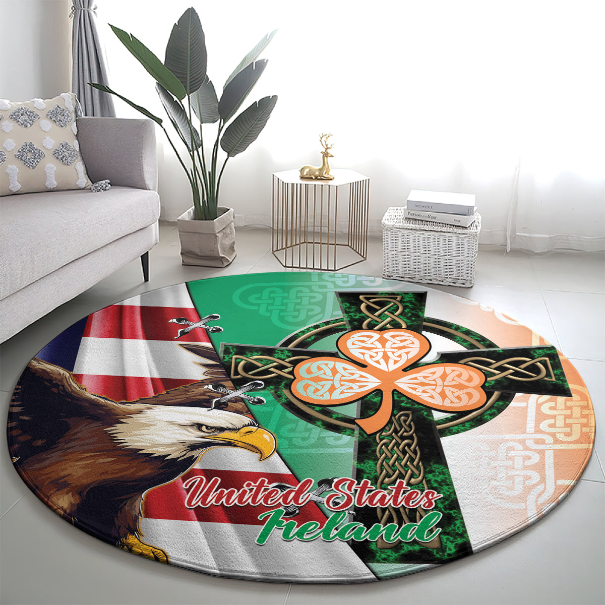 United States And Ireland Round Carpet USA Eagle With Irish Celtic Cross