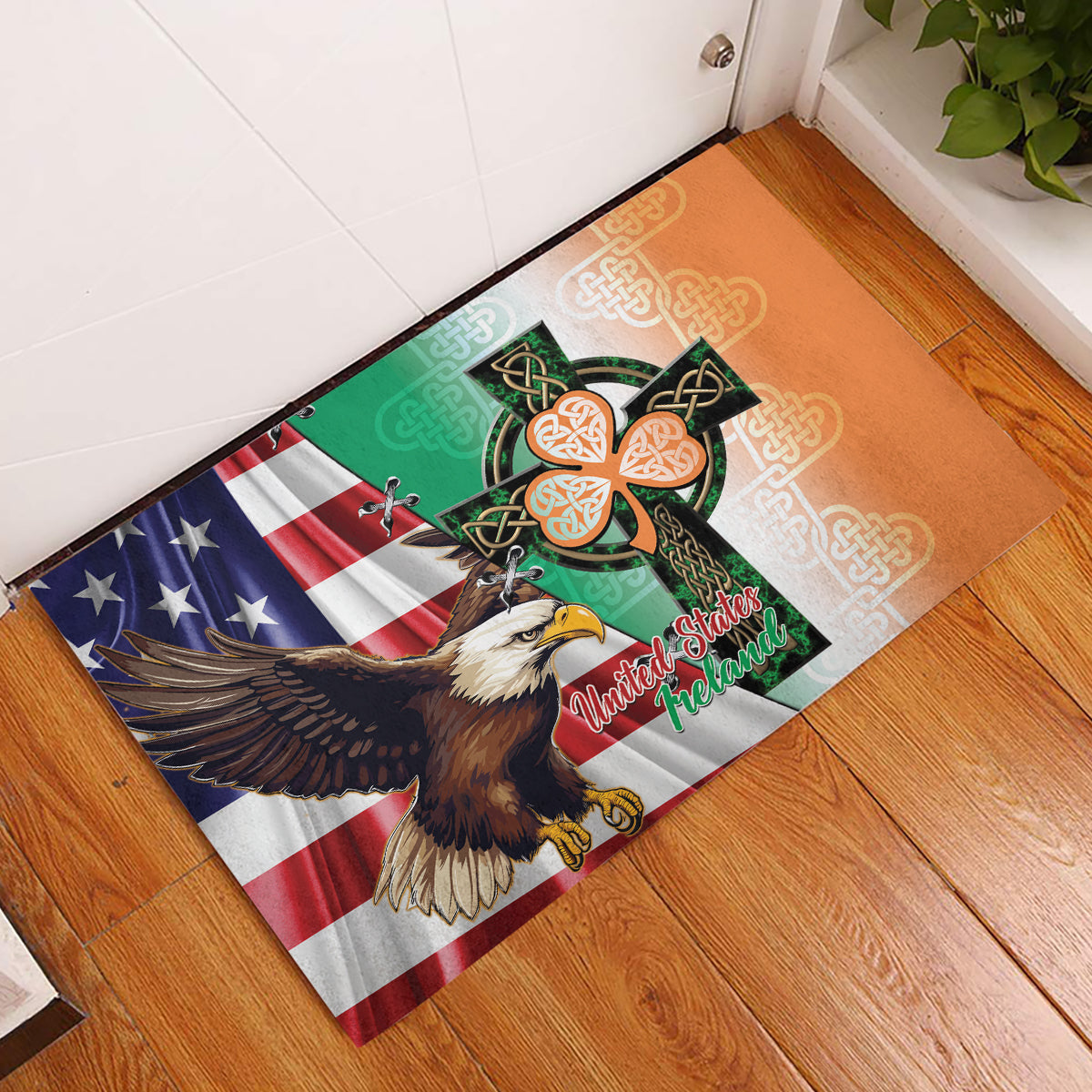 United States And Ireland Rubber Doormat USA Eagle With Irish Celtic Cross