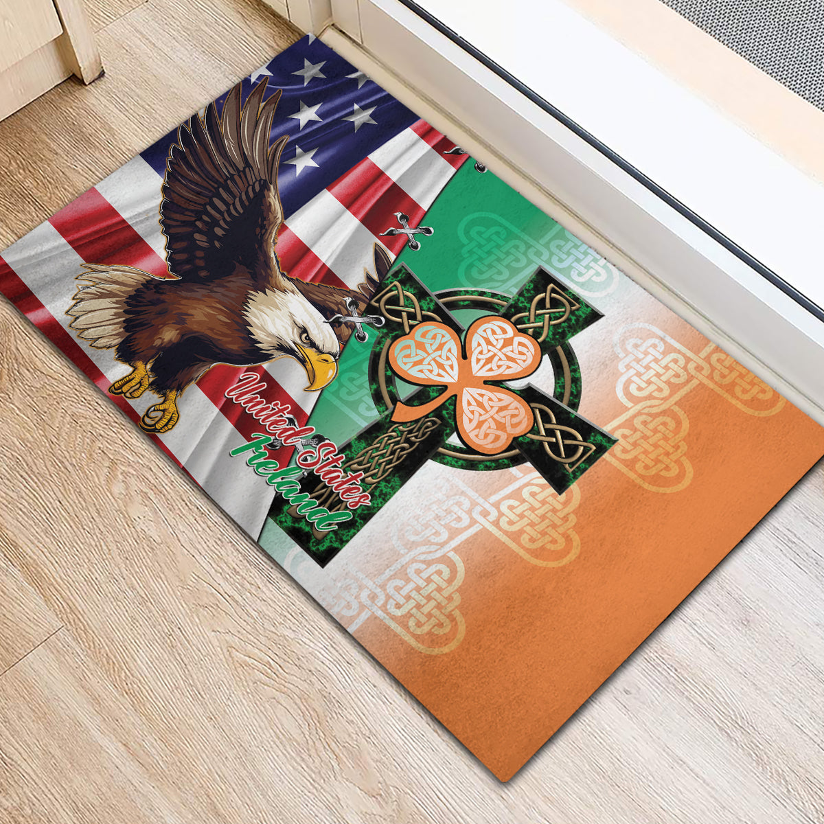United States And Ireland Rubber Doormat USA Eagle With Irish Celtic Cross - Wonder Print Shop