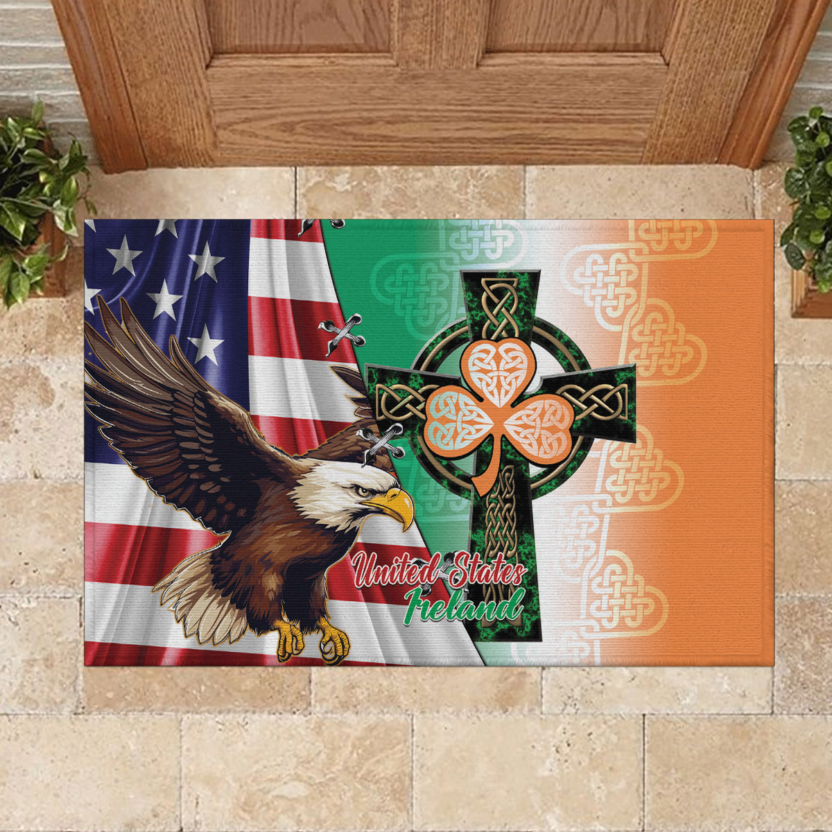 United States And Ireland Rubber Doormat USA Eagle With Irish Celtic Cross - Wonder Print Shop