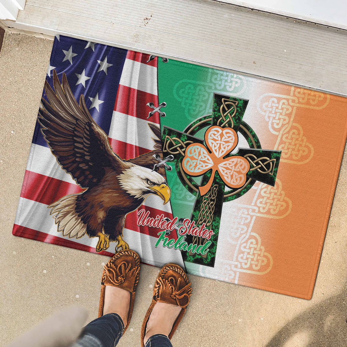United States And Ireland Rubber Doormat USA Eagle With Irish Celtic Cross - Wonder Print Shop