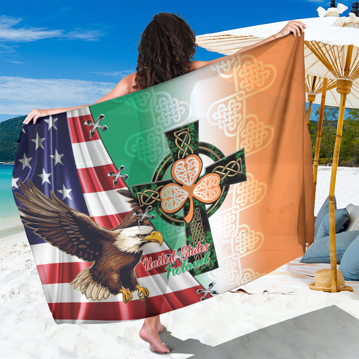 United States And Ireland Sarong USA Eagle With Irish Celtic Cross - Wonder Print Shop