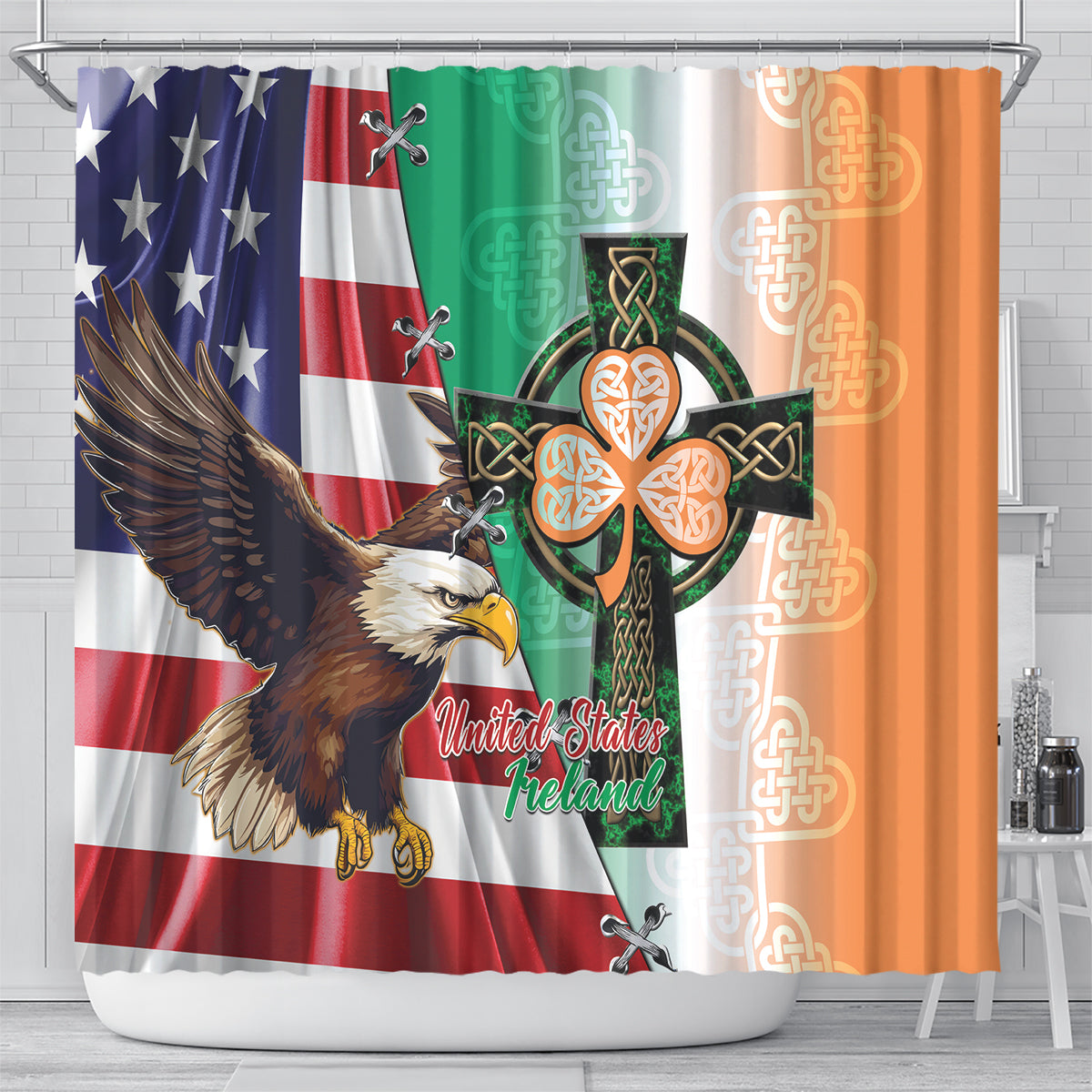 United States And Ireland Shower Curtain USA Eagle With Irish Celtic Cross