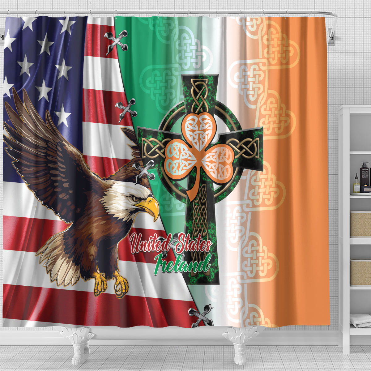 United States And Ireland Shower Curtain USA Eagle With Irish Celtic Cross