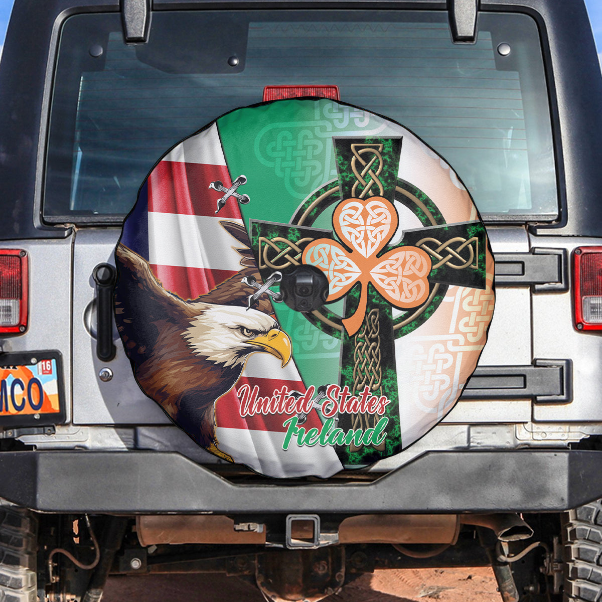 United States And Ireland Spare Tire Cover USA Eagle With Irish Celtic Cross - Wonder Print Shop