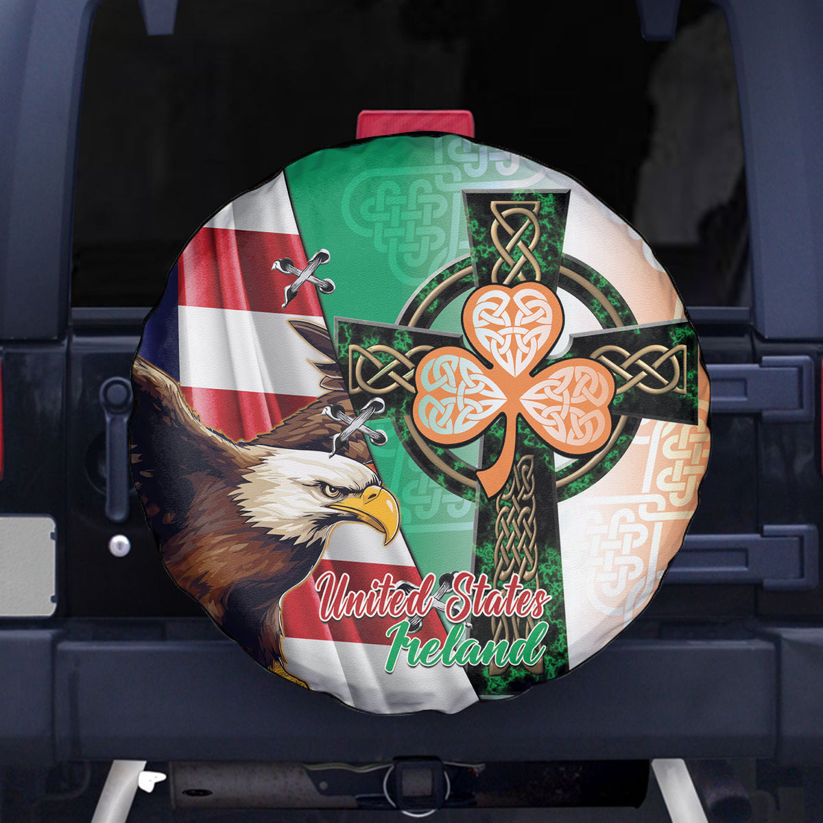 United States And Ireland Spare Tire Cover USA Eagle With Irish Celtic Cross - Wonder Print Shop
