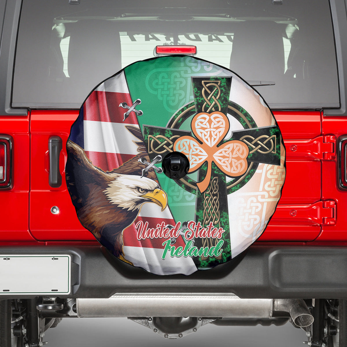 United States And Ireland Spare Tire Cover USA Eagle With Irish Celtic Cross - Wonder Print Shop