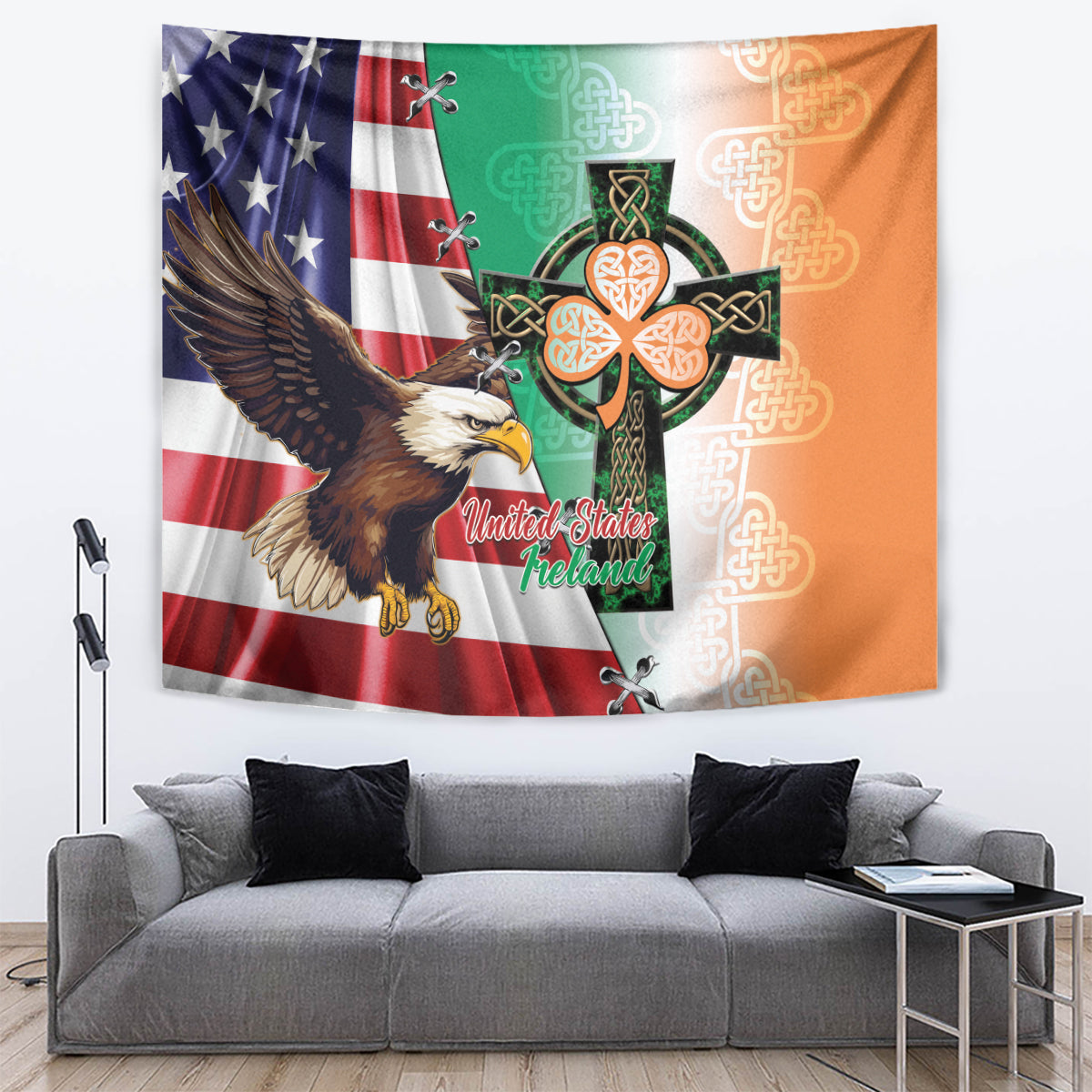 United States And Ireland Tapestry USA Eagle With Irish Celtic Cross