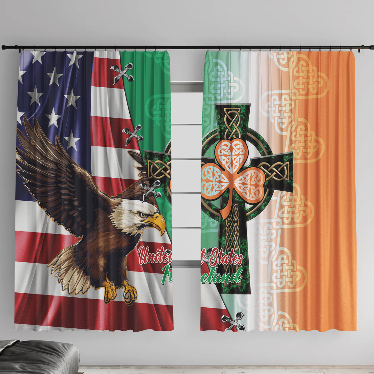 United States And Ireland Window Curtain USA Eagle With Irish Celtic Cross