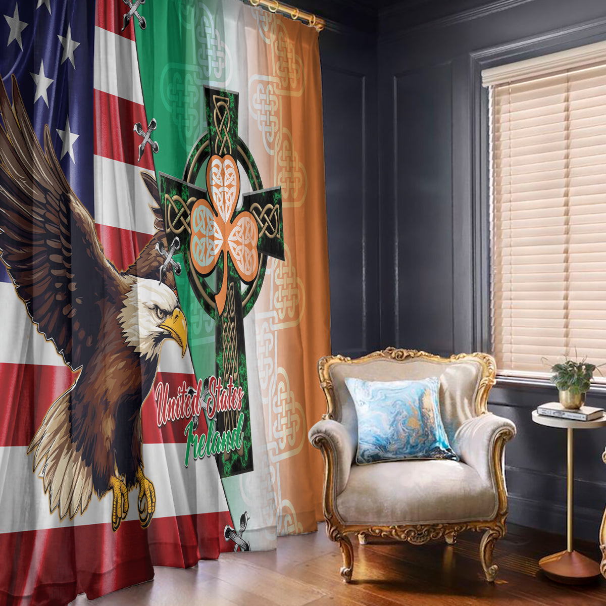 United States And Ireland Window Curtain USA Eagle With Irish Celtic Cross - Wonder Print Shop